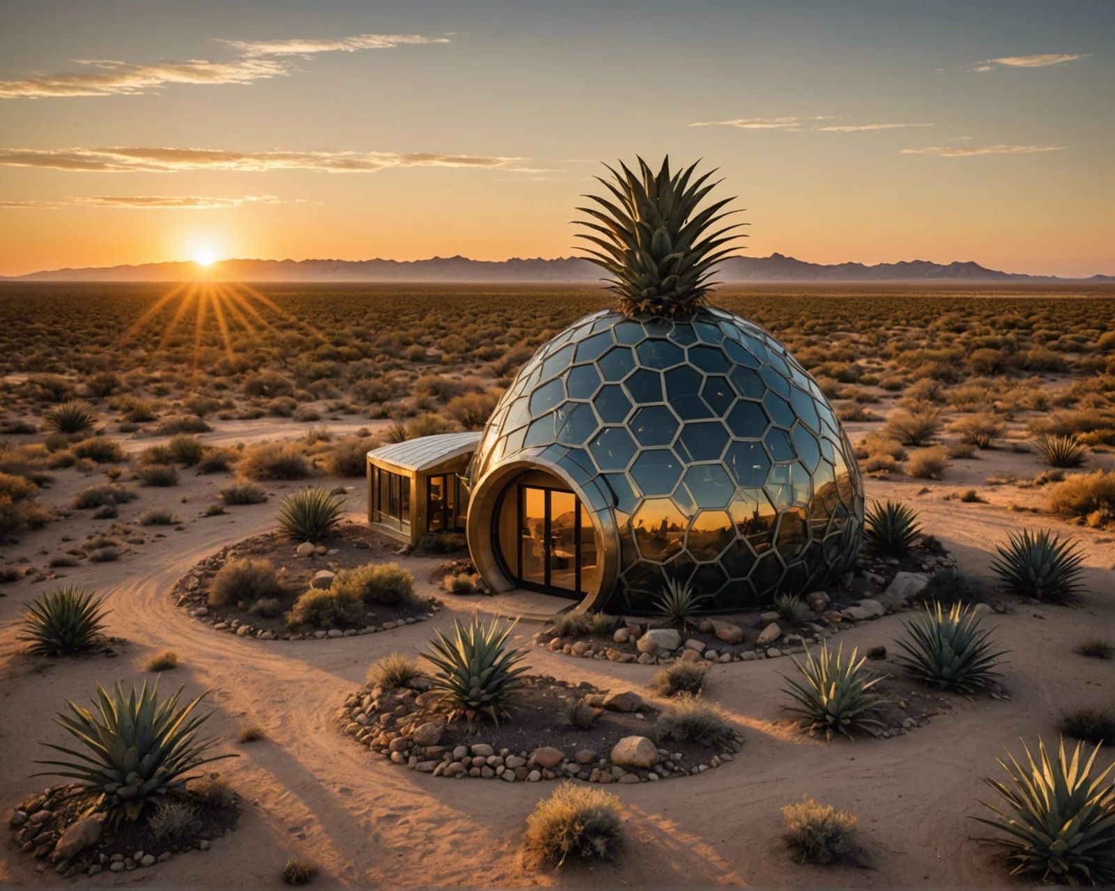 Pineapple House in Texas Desert at Sunset