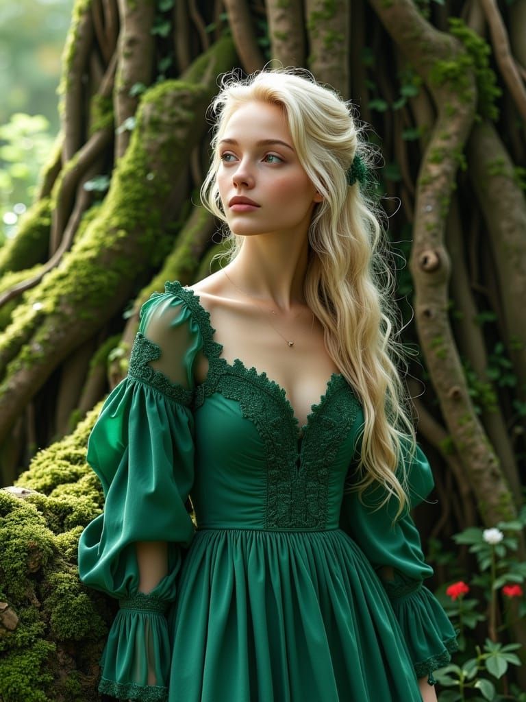 Mystical Forest: Woman in Flowing Gown, Photorealistic