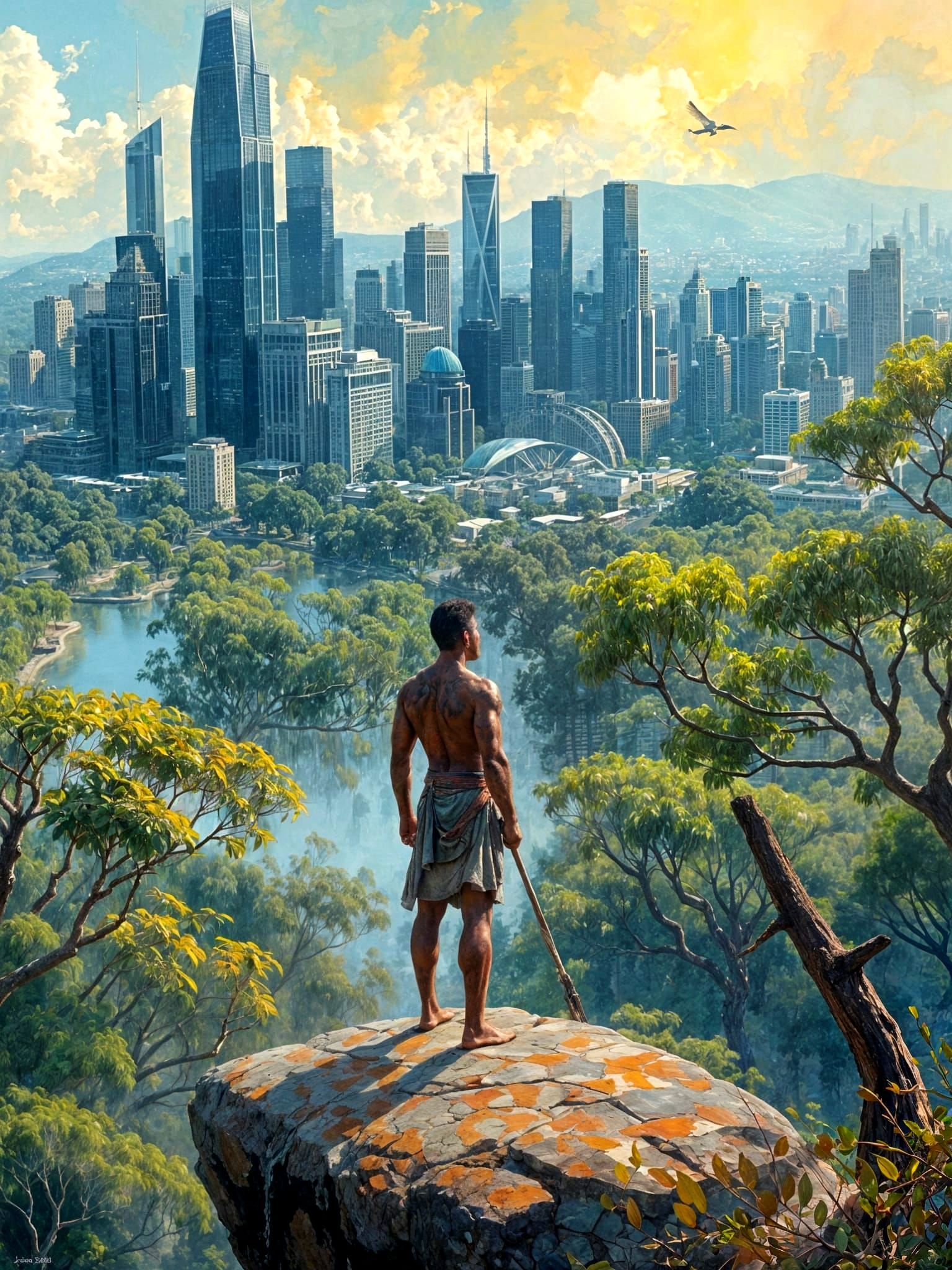 Aboriginal Man Contemplates Modern City in Watercolor