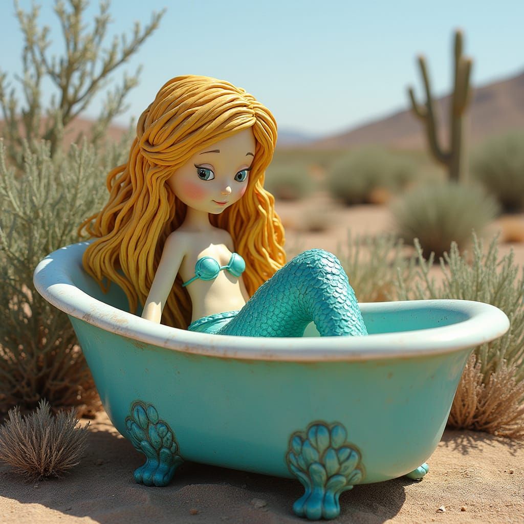 Whimsical Clay Mermaid in Desert Bathtub Art