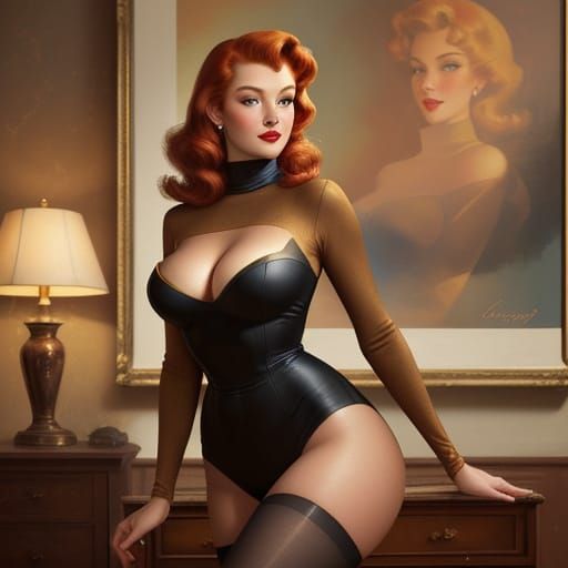 Redhead Pin-Up in Gil Elvgren Style Oil Painting
