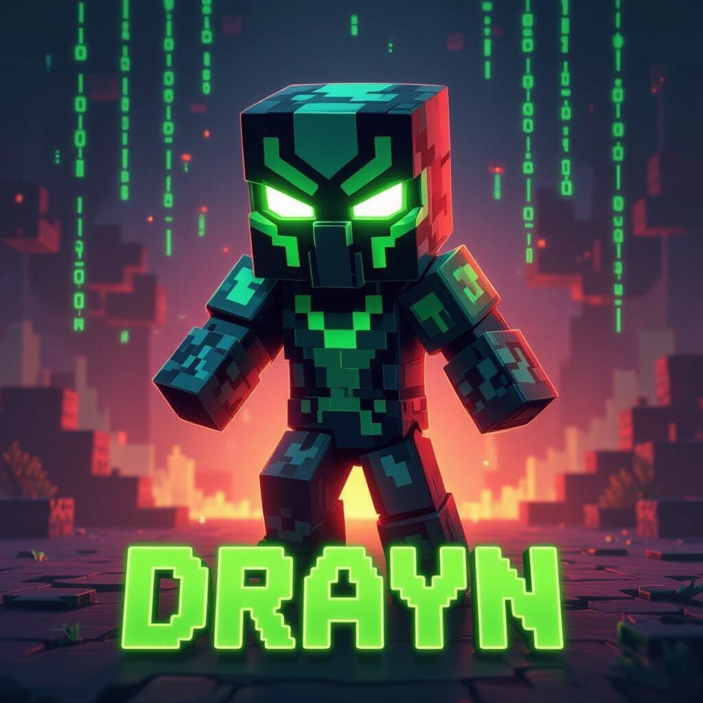Minecraft Hero with Coding Rain in Neon Style