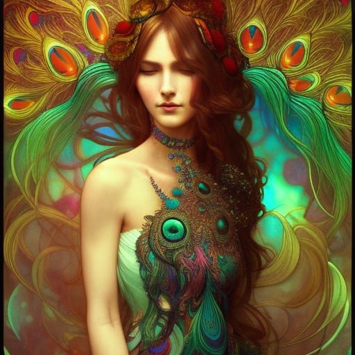 Psychedelic Peacock Mushroom Portrait, Hyperdetailed Concept...