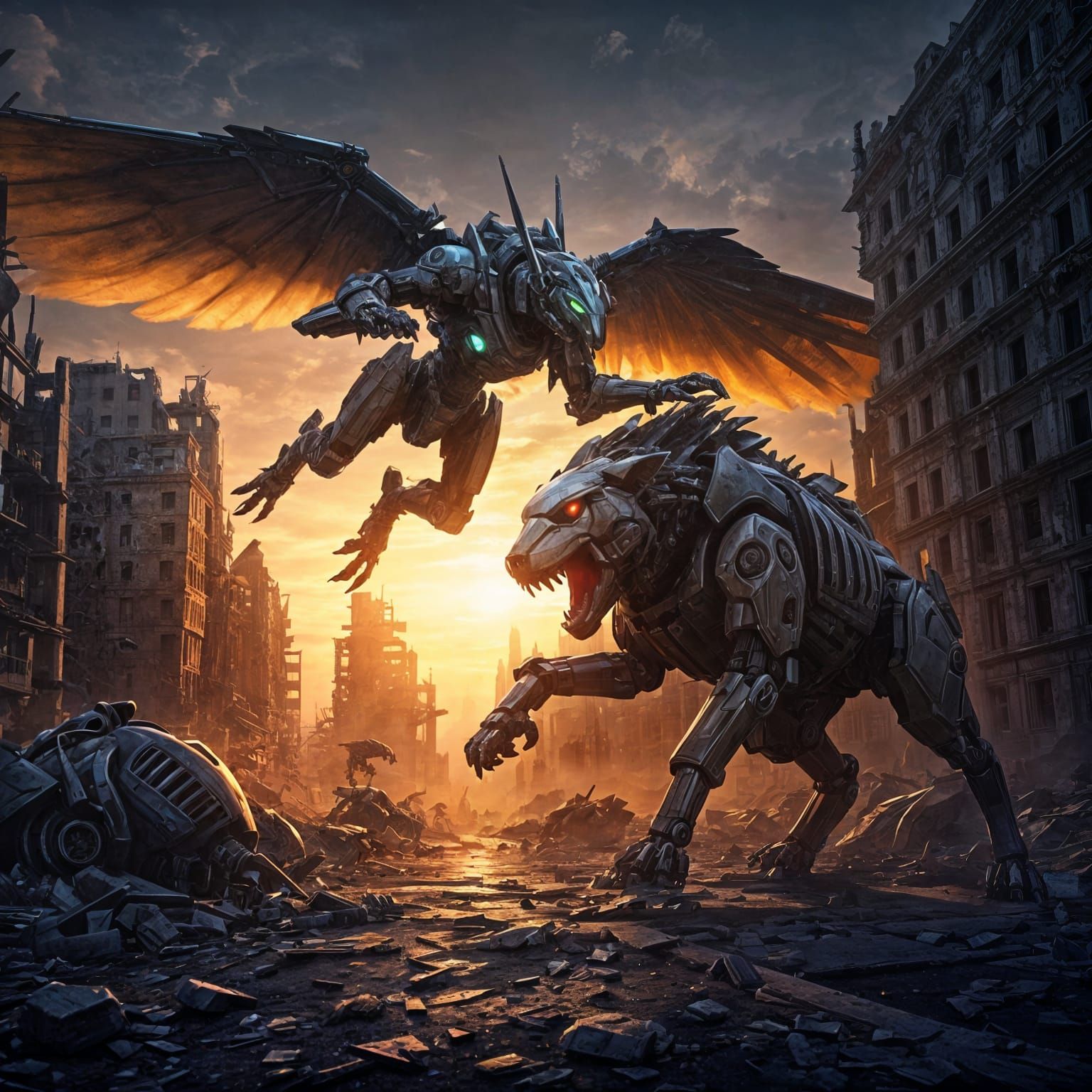 Mecha Battle in a Ruined City, Dark Fantasy Art