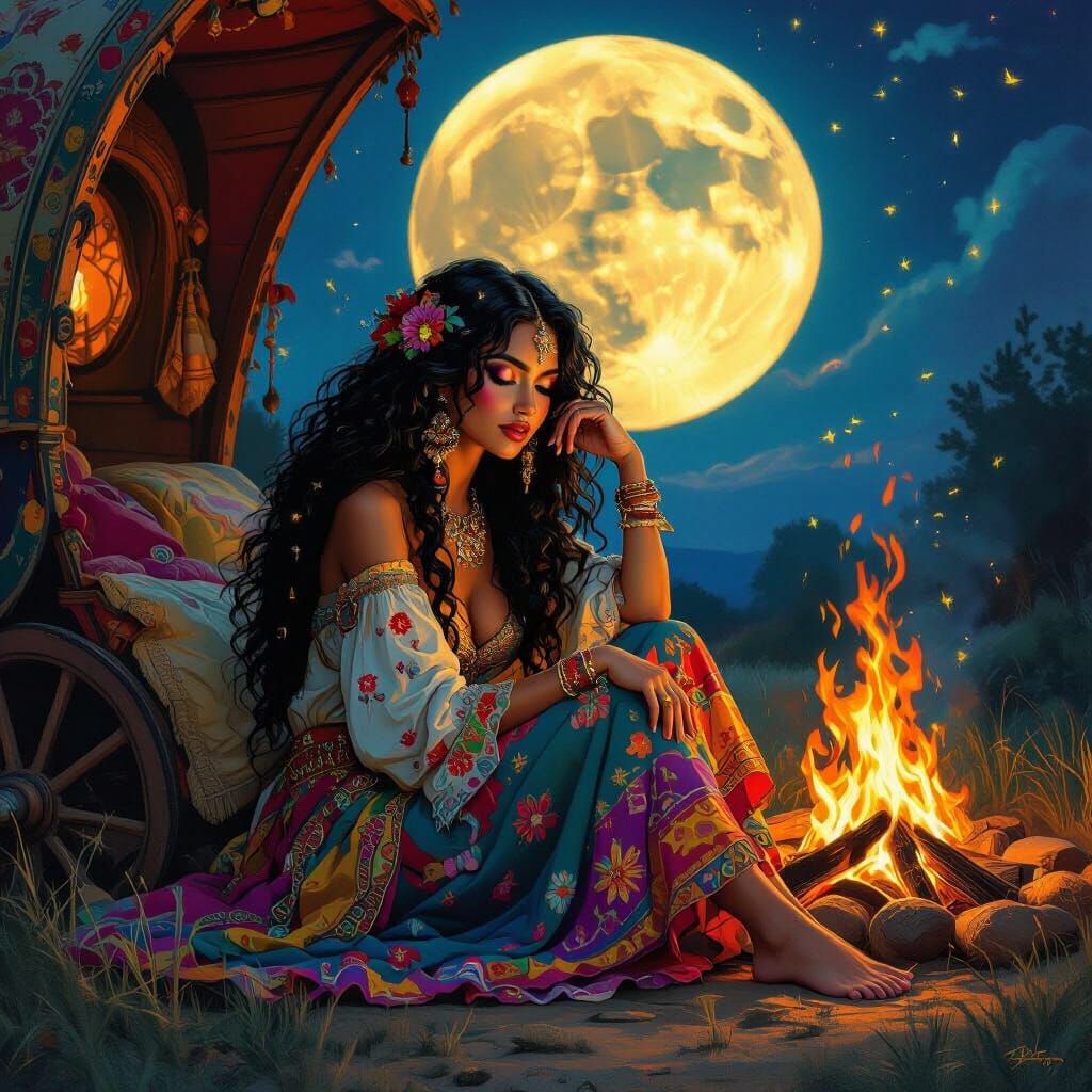 Latin Gypsy Caravan Under Moonlight in Art Nouveau Style