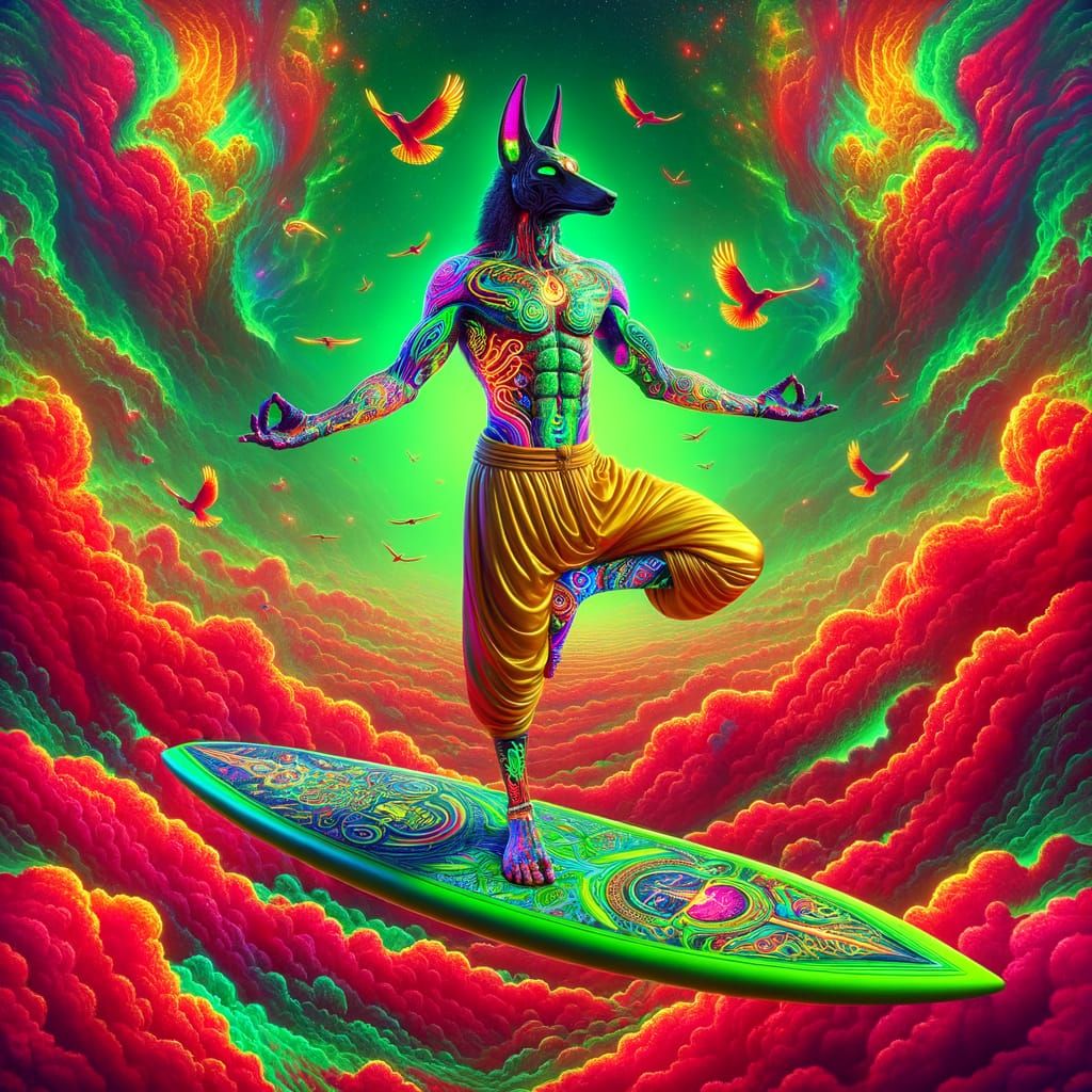 Psychedelic Anubis Surfing Scarlet Clouds