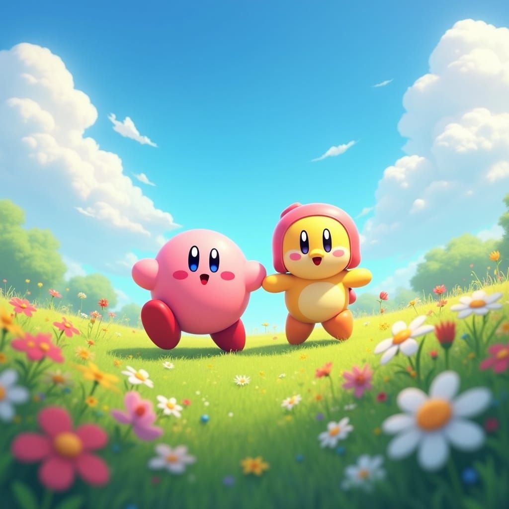 Kirby and Waddle Dee in a Whimsical Disney-Inspired Meadow