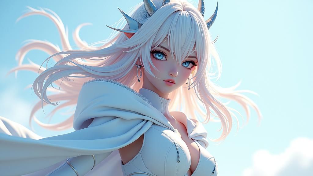 Icy Haired Devil Woman in Cyberpunk Anime Style