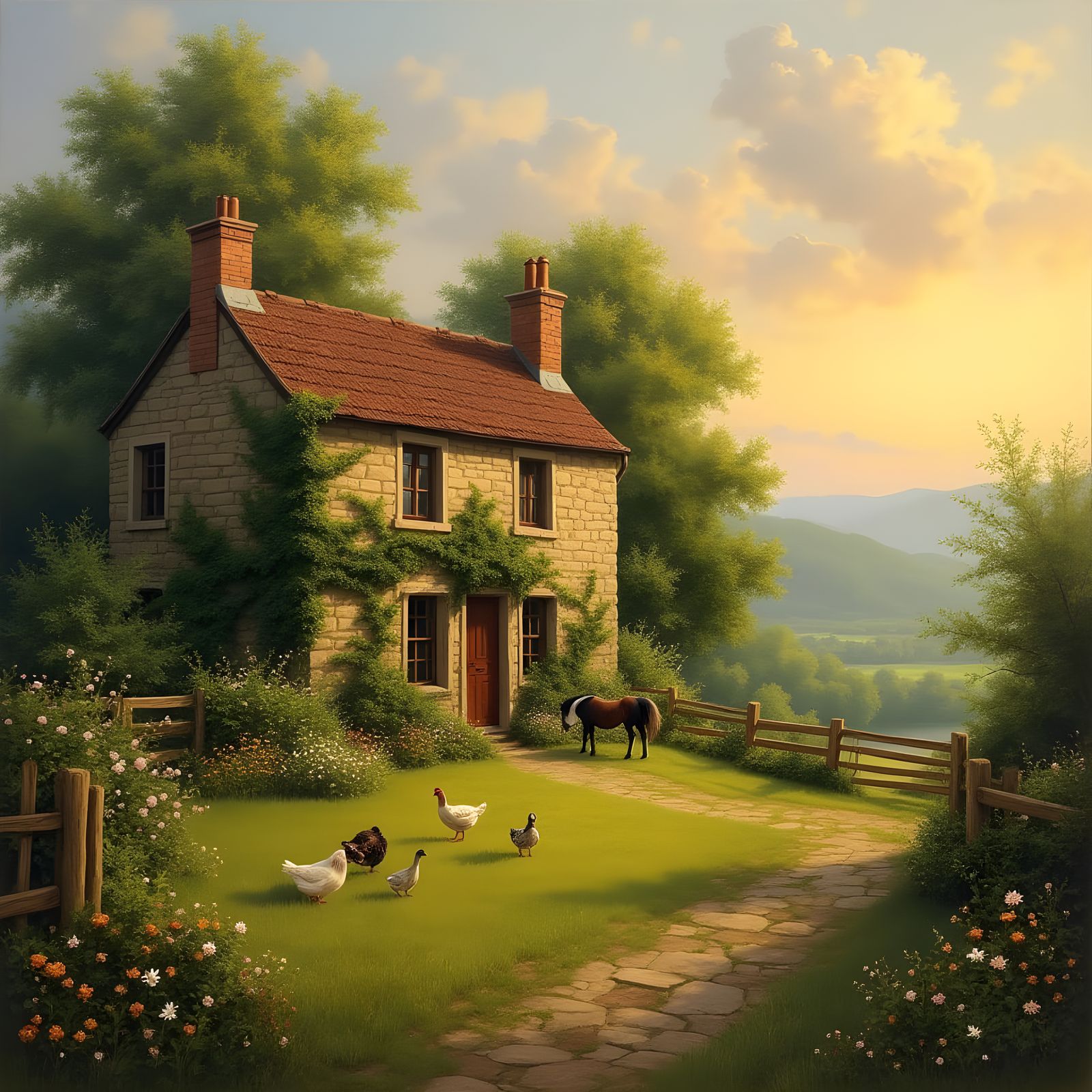 Idyllic Countryside Home at Sunset: Impressionistic Oil Pain...