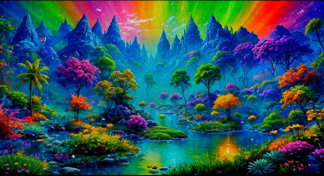 Fluorescent Rainbow Over Fantasy Water Landscape