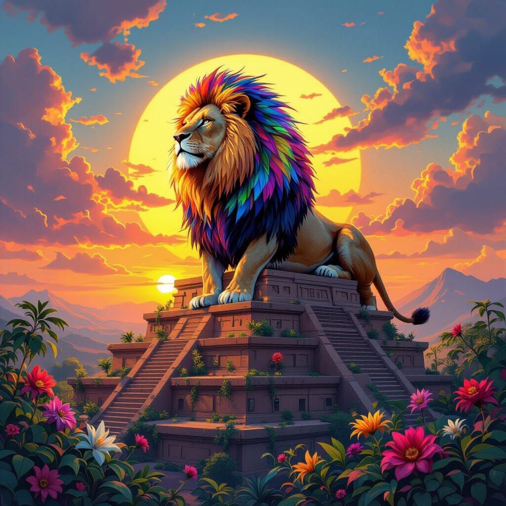 Lion on Ziggurat in Hundertwasser Style