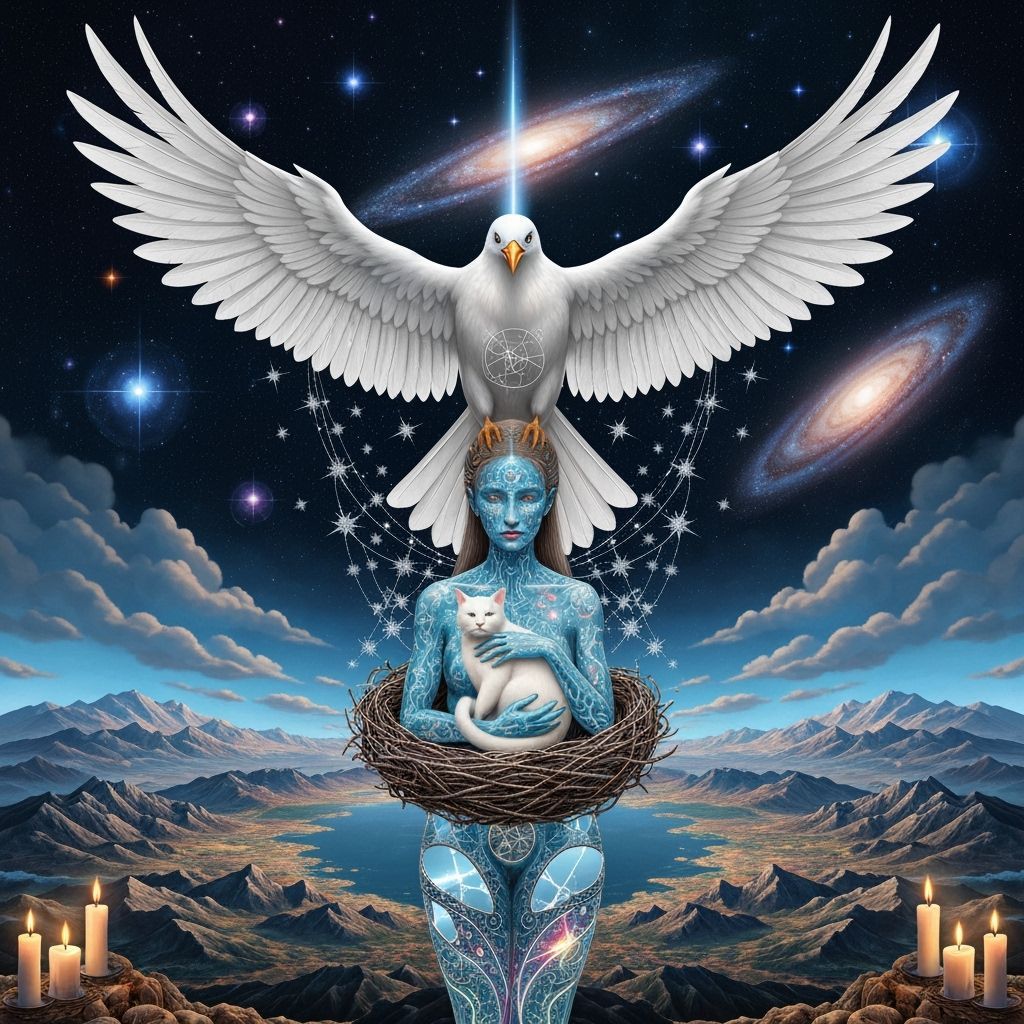 Cosmic Bird Soars Through Galactic Sky with Ethereal Woman