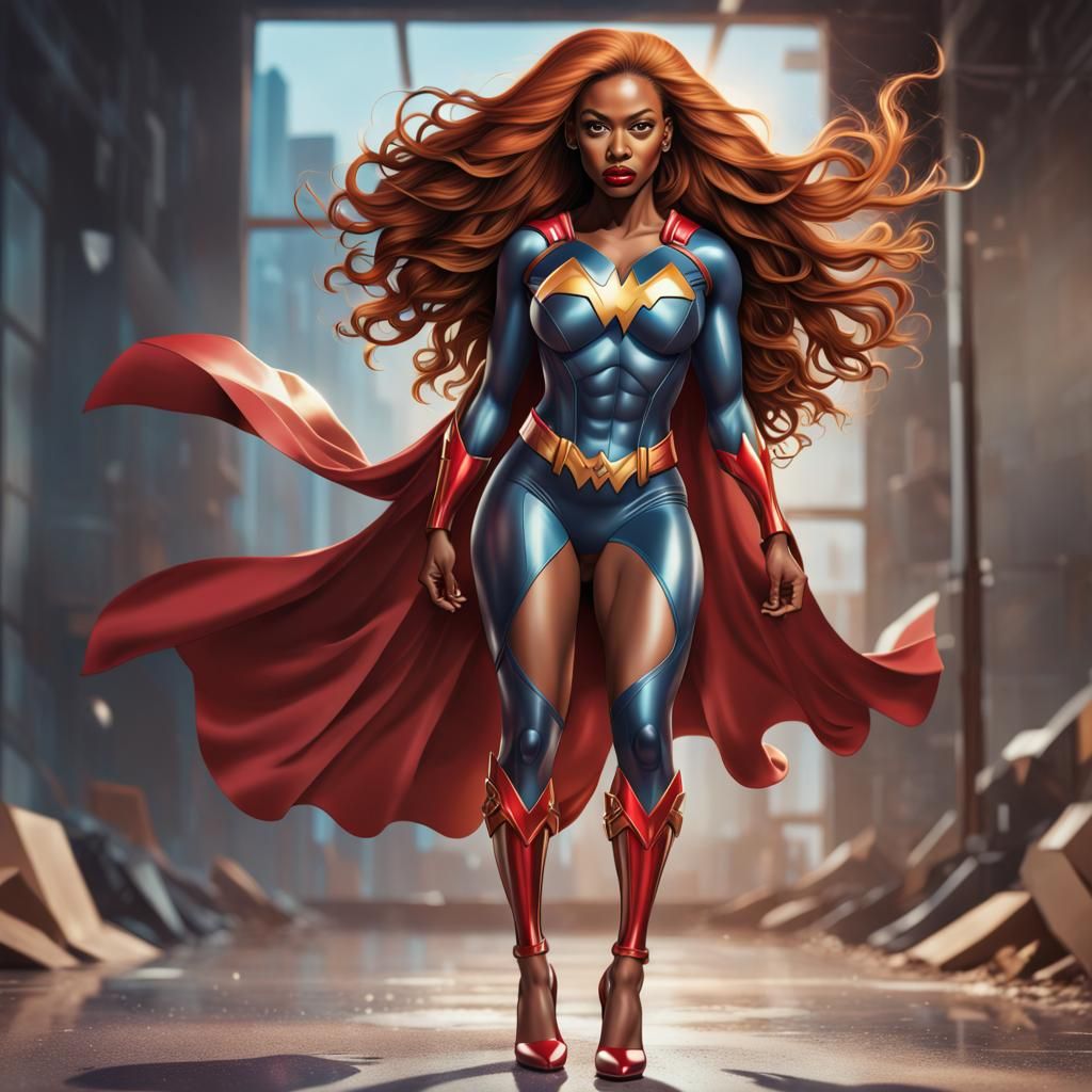 Hyperrealistic Superheroine with Red Hair in Splash Art