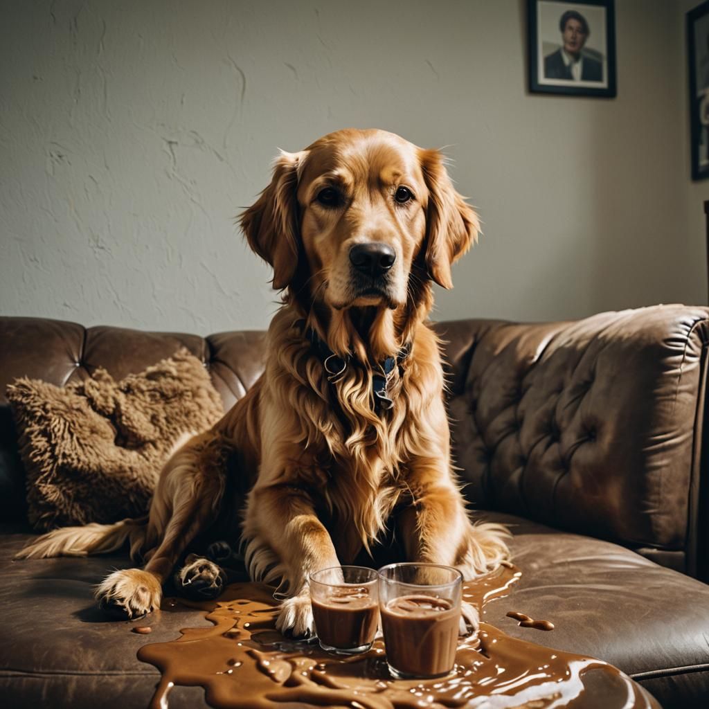 Golden Retriever on Chocolate Smoothie Couch
