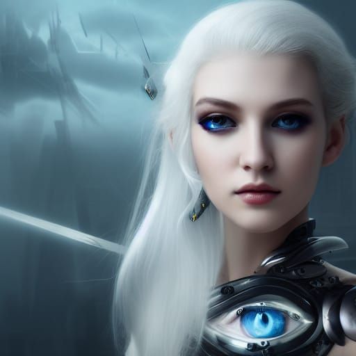 Cyborg-Eyed Girl with White Hair: Digital Matte Painting