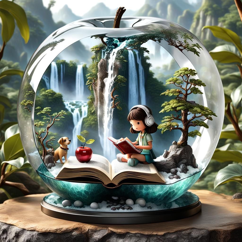 A little girl with her dog in an apple.