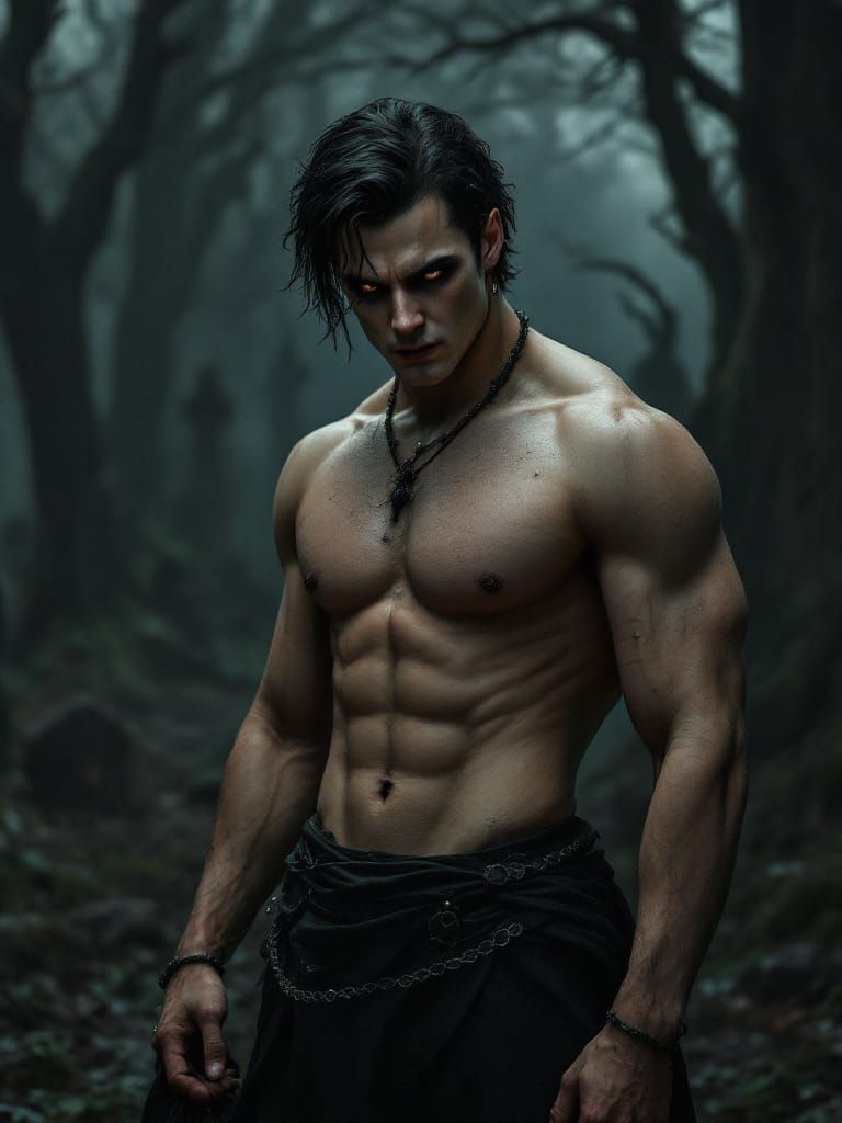 Gothic Graveyard Figure Study: Sultry Man in Dark Fantasy Re...