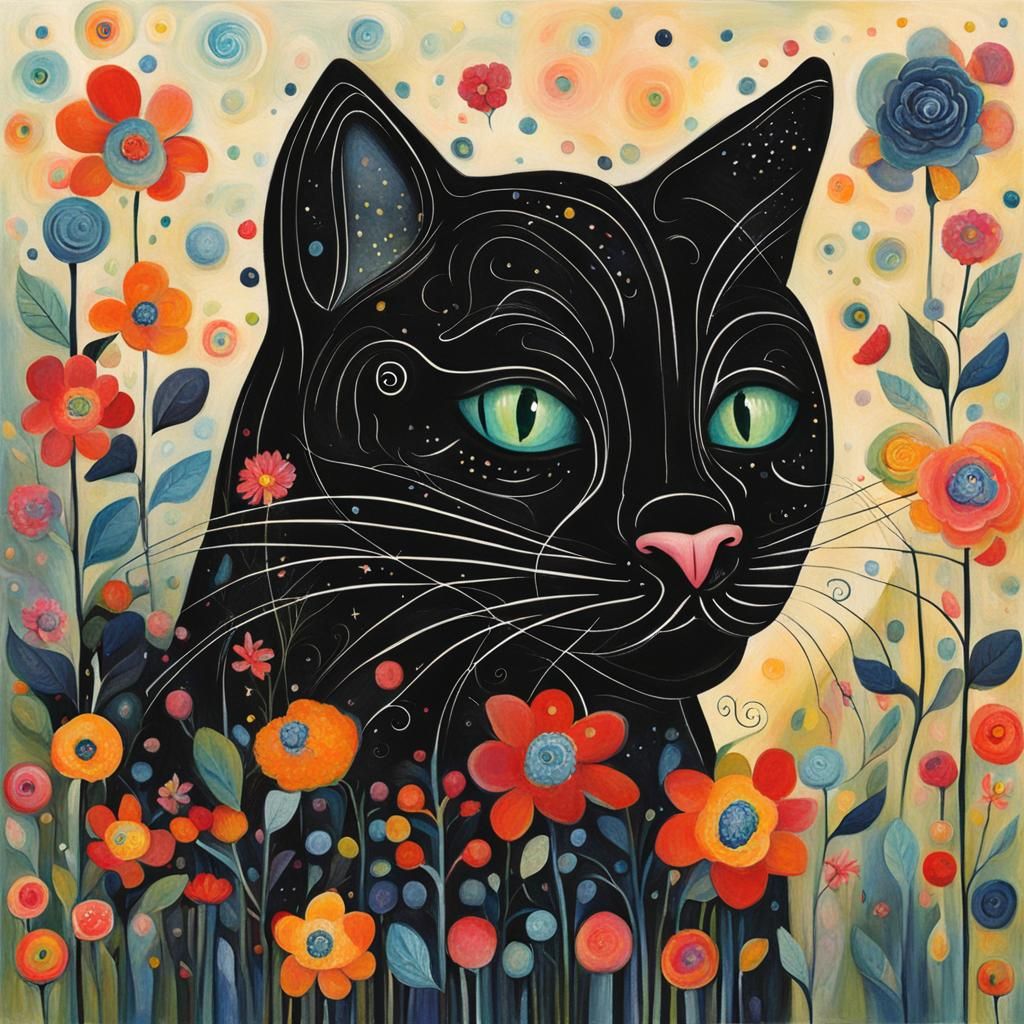 Whimsical Black Cat in Cartoon Style