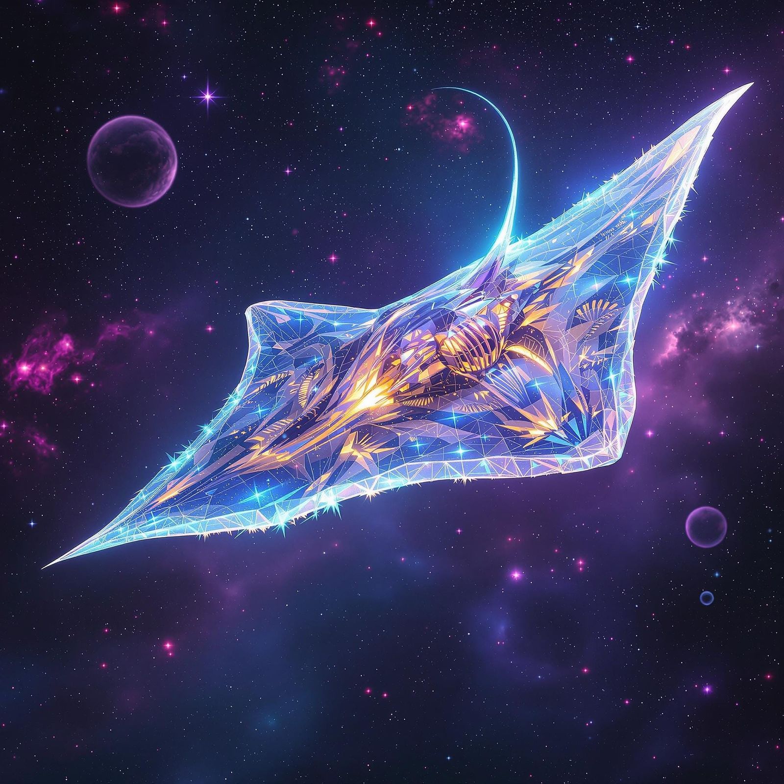 "A colossal, bioluminescent manta ray spaceship with vast, translucent wings, intricate glowing veins pulsing with ether...