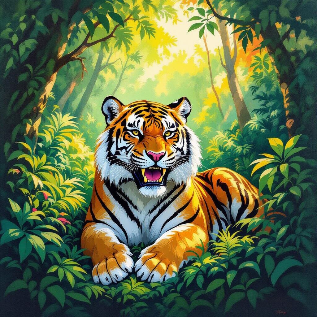 Saber-Toothed Tiger in Lush Forest, Gouache Painting