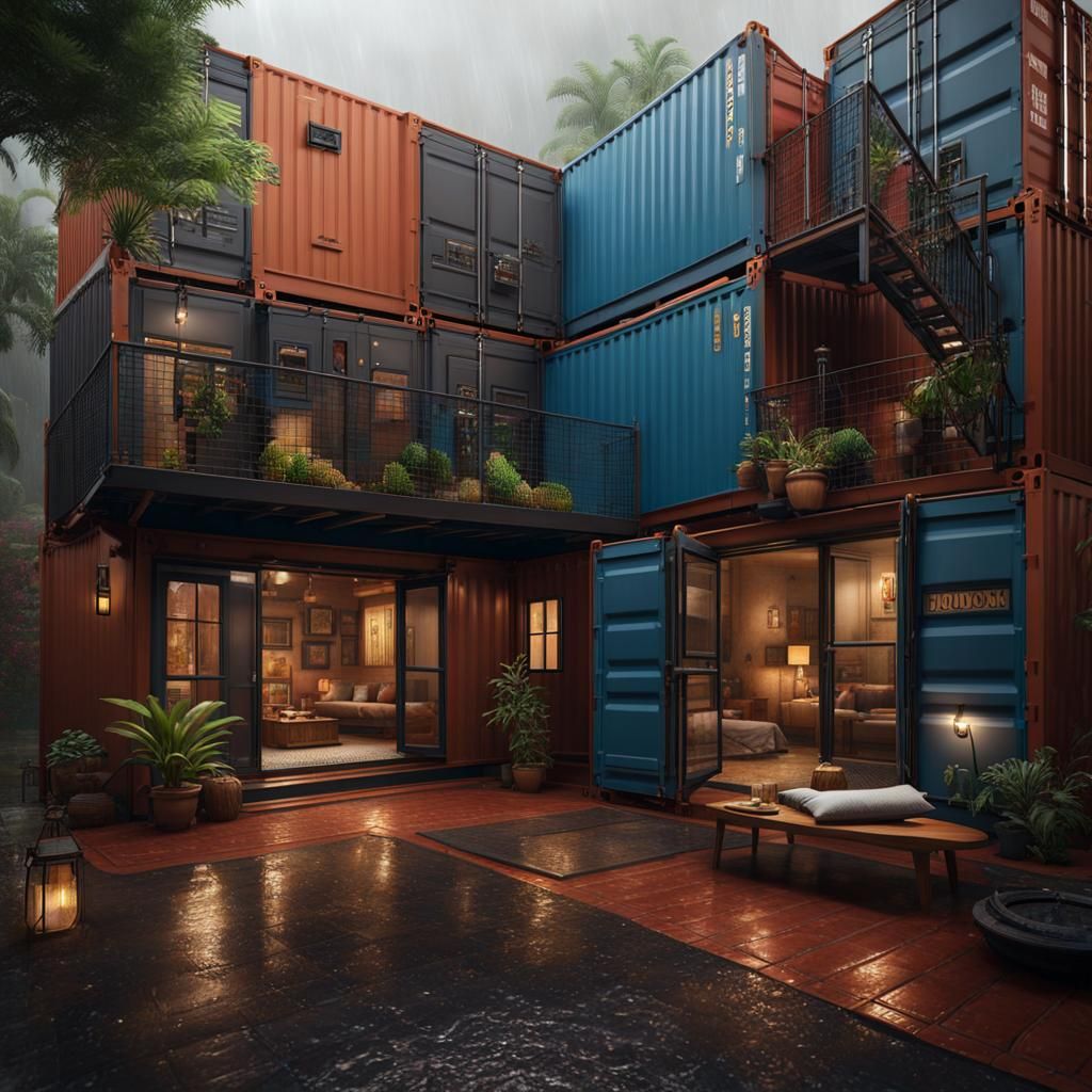 Spanish Courtyard House from Shipping Containers in 90s 3D S...