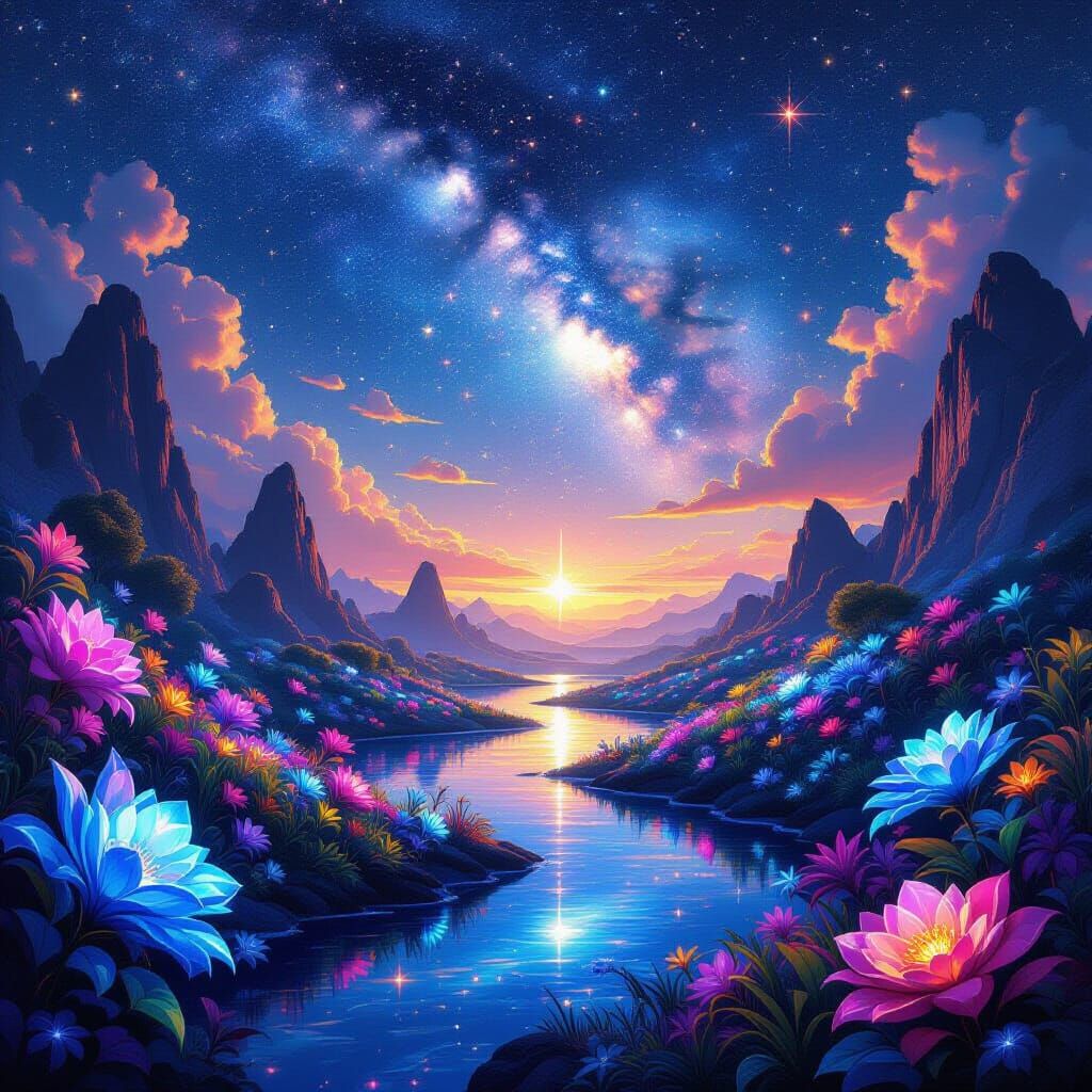 Bioluminescent Kingdom Under Starry Sky: Hyperrealistic Digi...