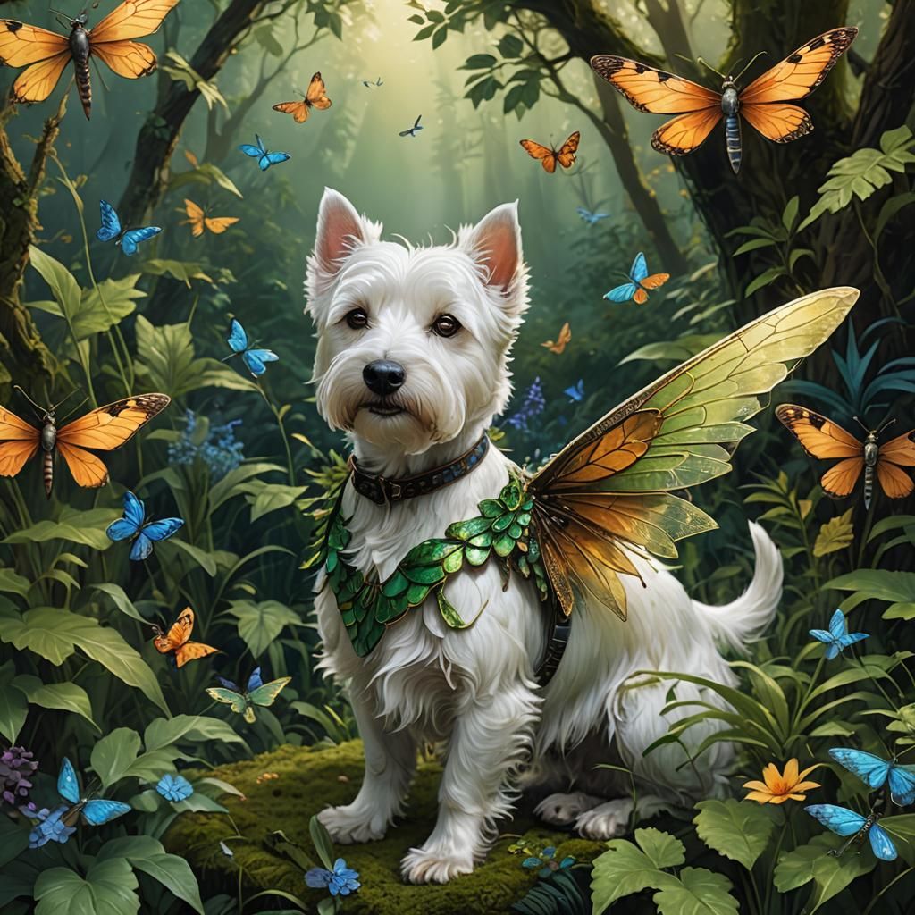 Dragonfly Westie Dog in Detailed Matte Painting