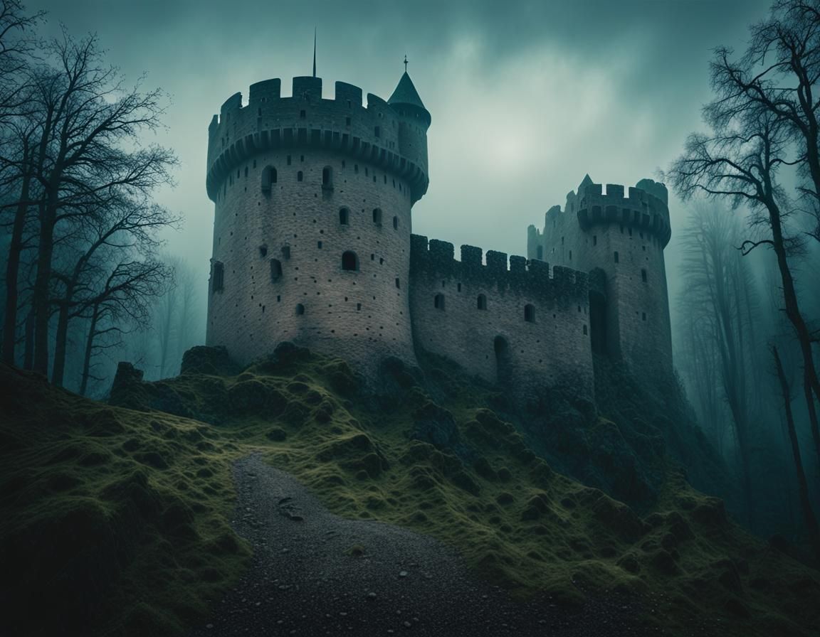 Medieval Fortification in Dark Forest: Cinematic Film Still
