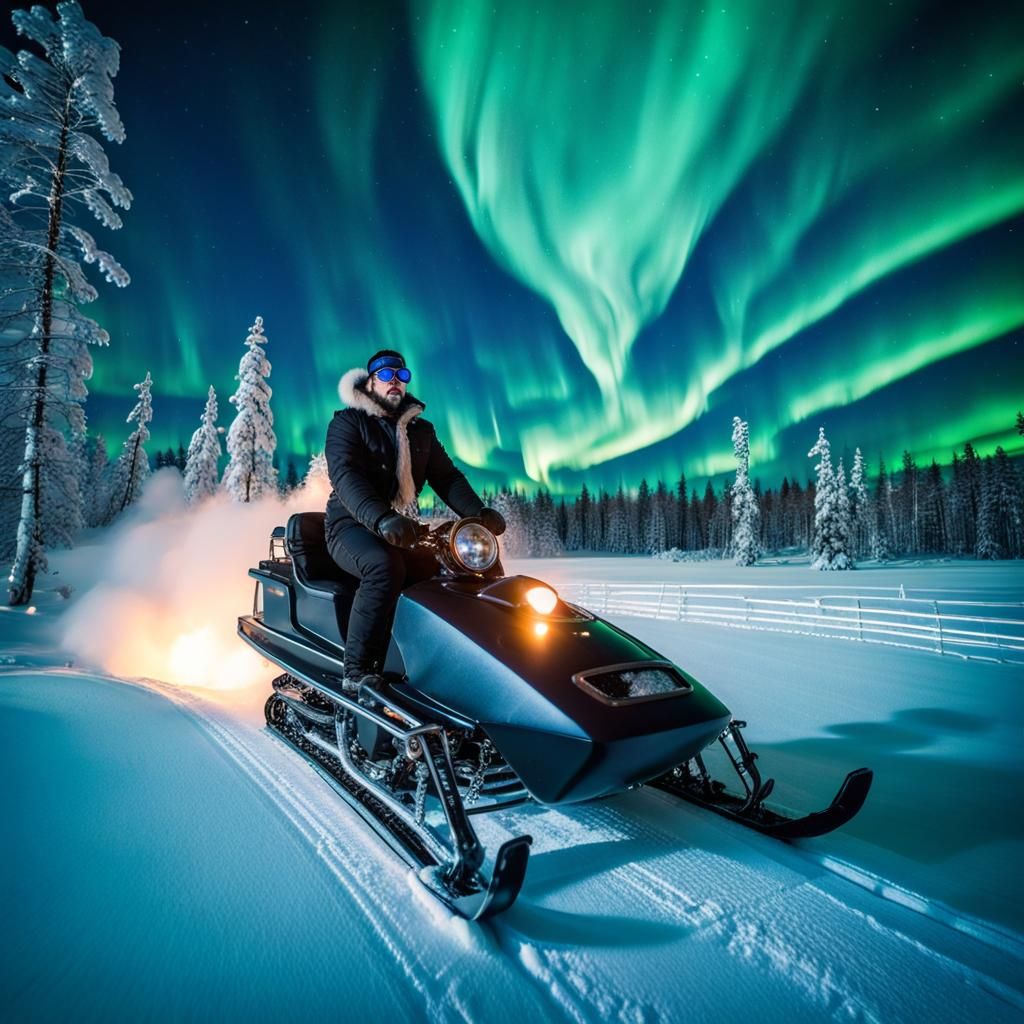 Steampunk Snowmobile Ride Under Aurora Borealis