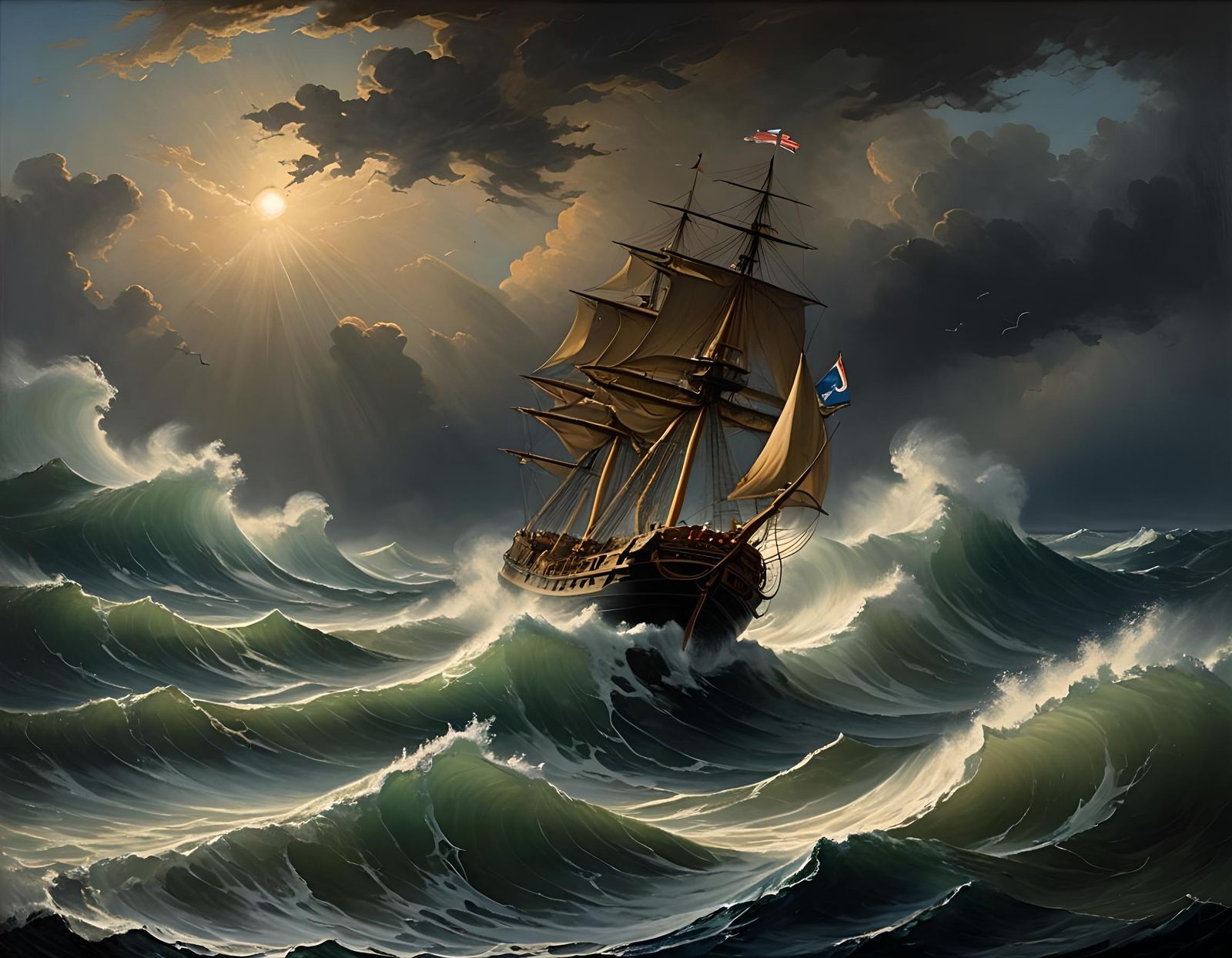 Stormy Ocean Ship Painting in Aivazovsky Style