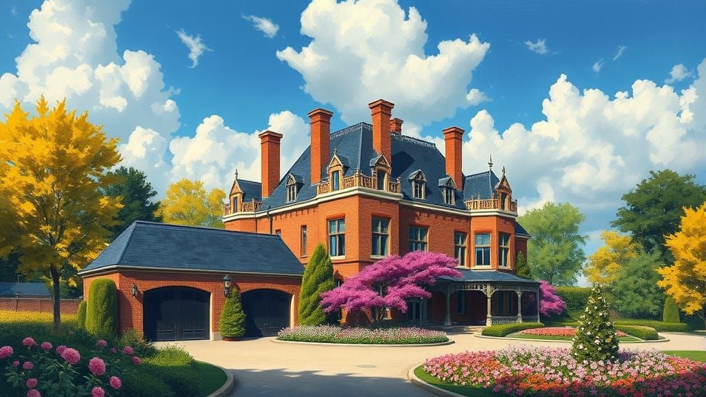 Elegant Chateau with Vibrant Garden in Painterly Style