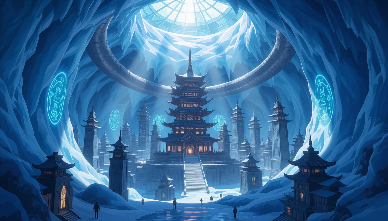Ancient 3D Anime City Beneath Ice Cavern