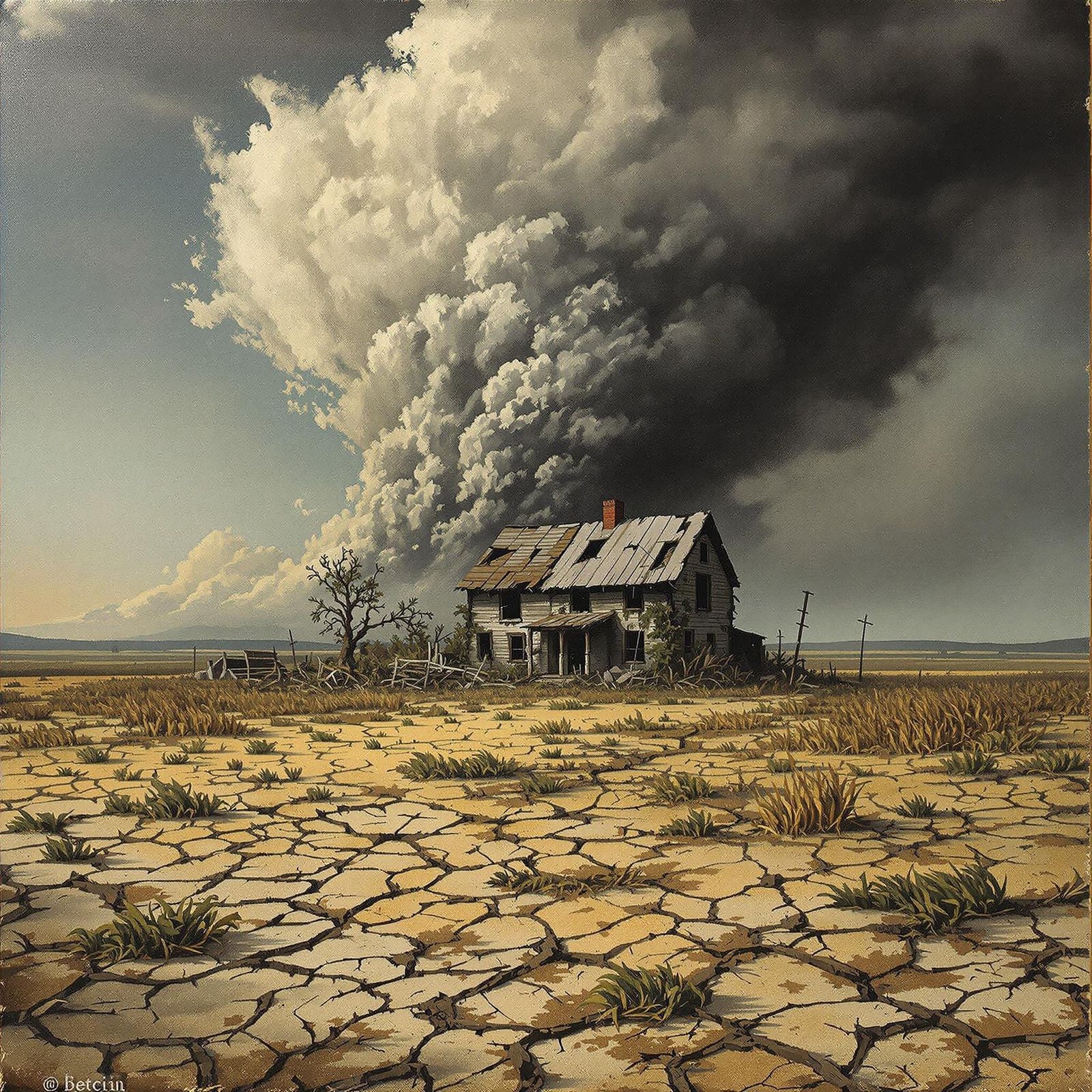 Ravaged Farmhouse in Apocalyptic Landscape