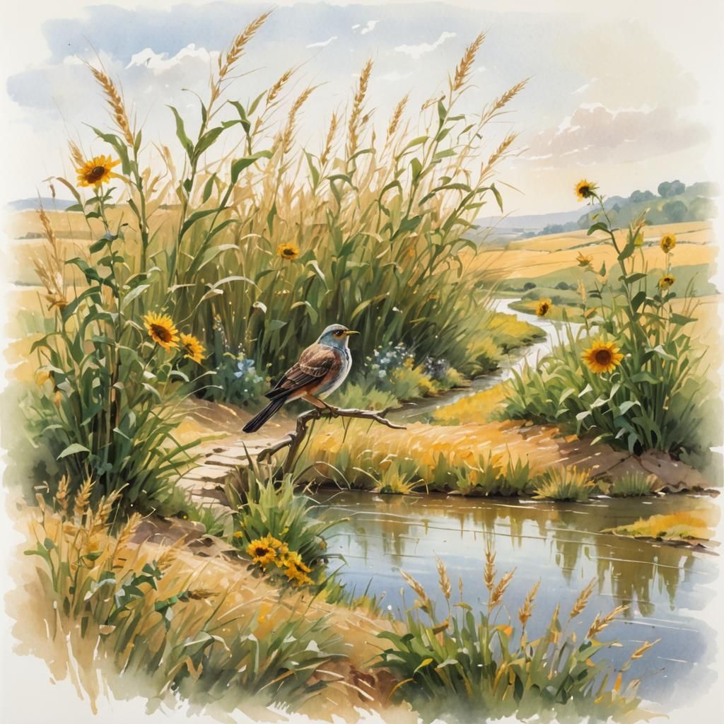 Idyllic Rural Landscape Gouache Painting with Cuckoo