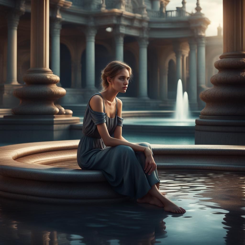Sad Woman Alone at Fountain: Digital Matte Painting