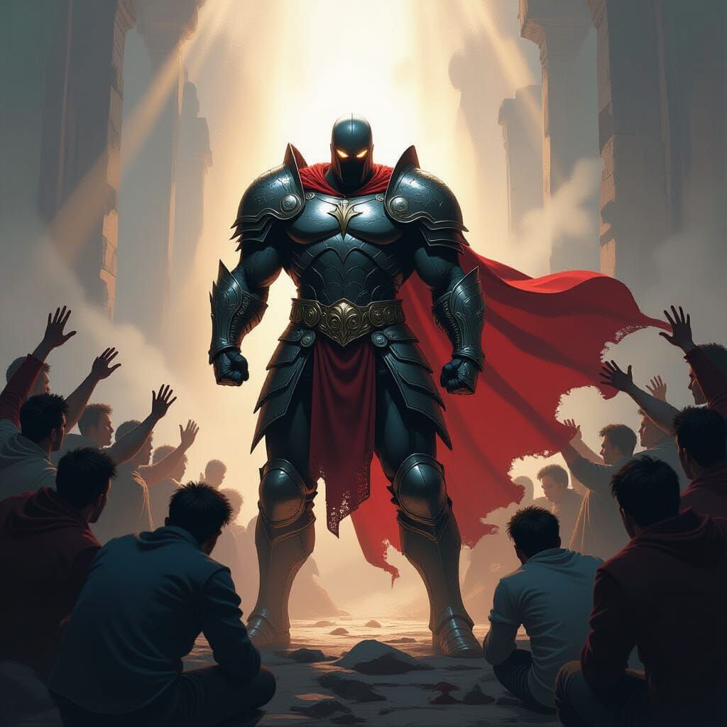 Heroic Figure Shields Vulnerable People in Epic Fantasy Art