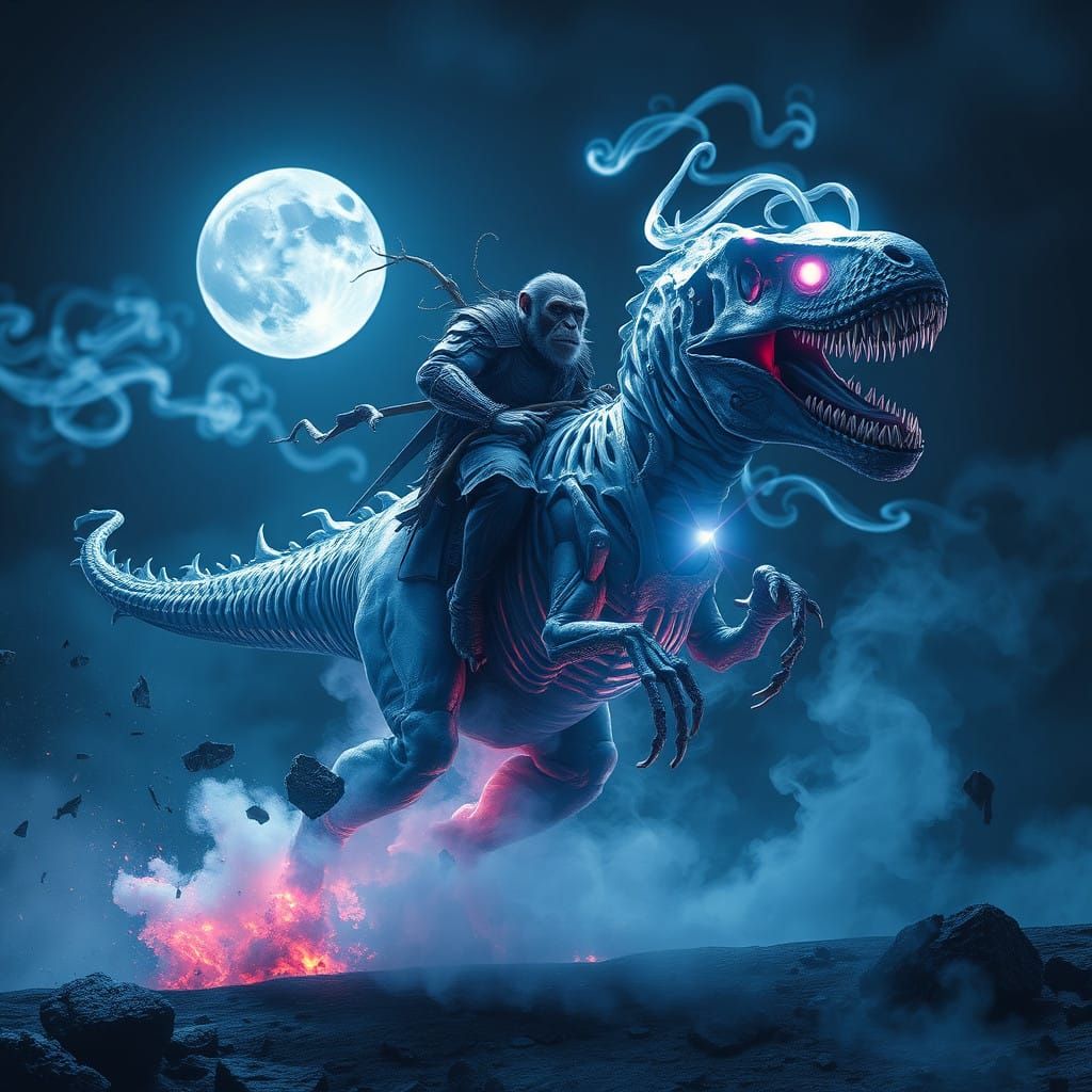 Humanoid Warrior Monkey Rides Glowing Tyrannosaurus in Cyber...