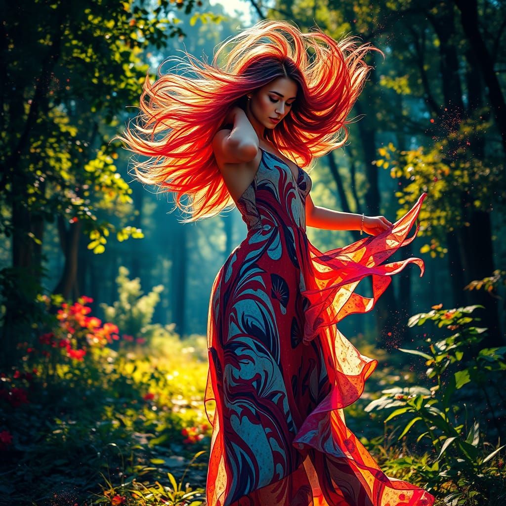 Beautiful Woman Dancing in Vibrant Forest Clearing