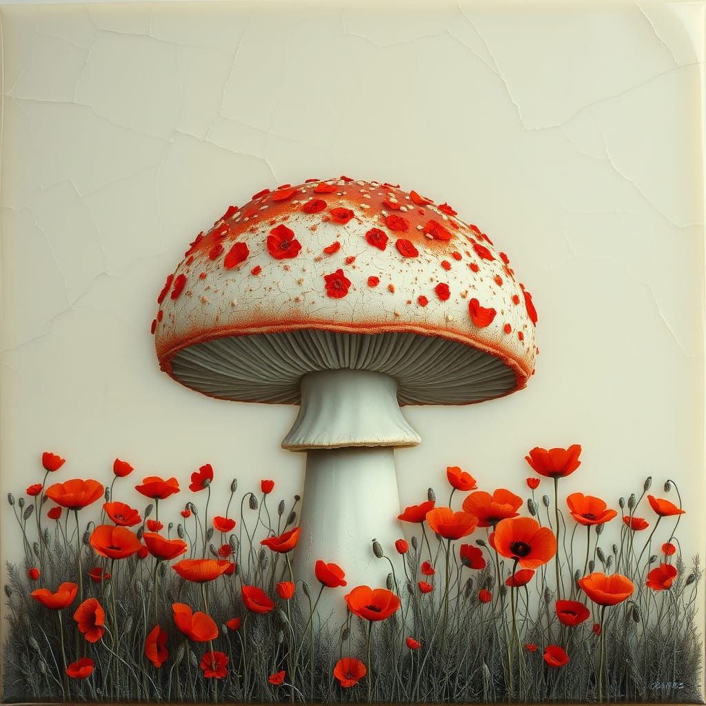 Giant Mushroom Covered in Poppies, Encased in Wax