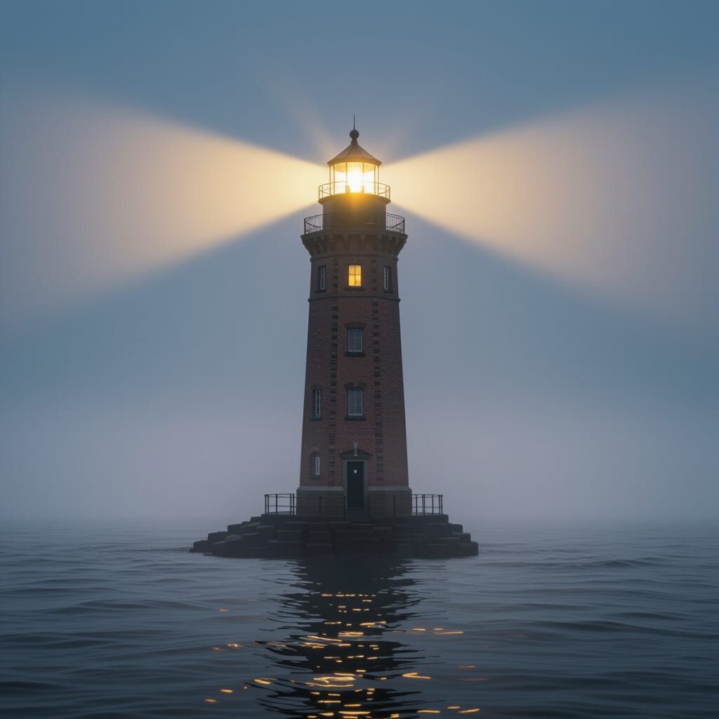 Lighthouse on Misty Night: Hyperrealistic Sea Beacon
