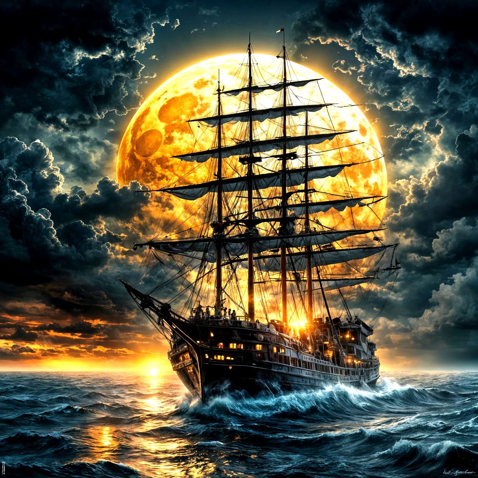 Ghost Ship Sailing Under a Golden Eclipse