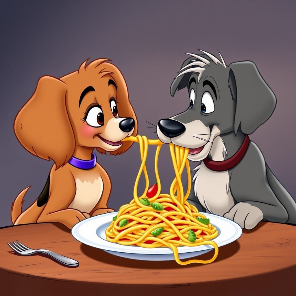 Canine Couple Sharing Spaghetti in a Romantic Moment