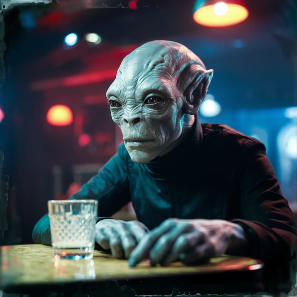 Alien Sits Alone in a Dimly Lit Bar