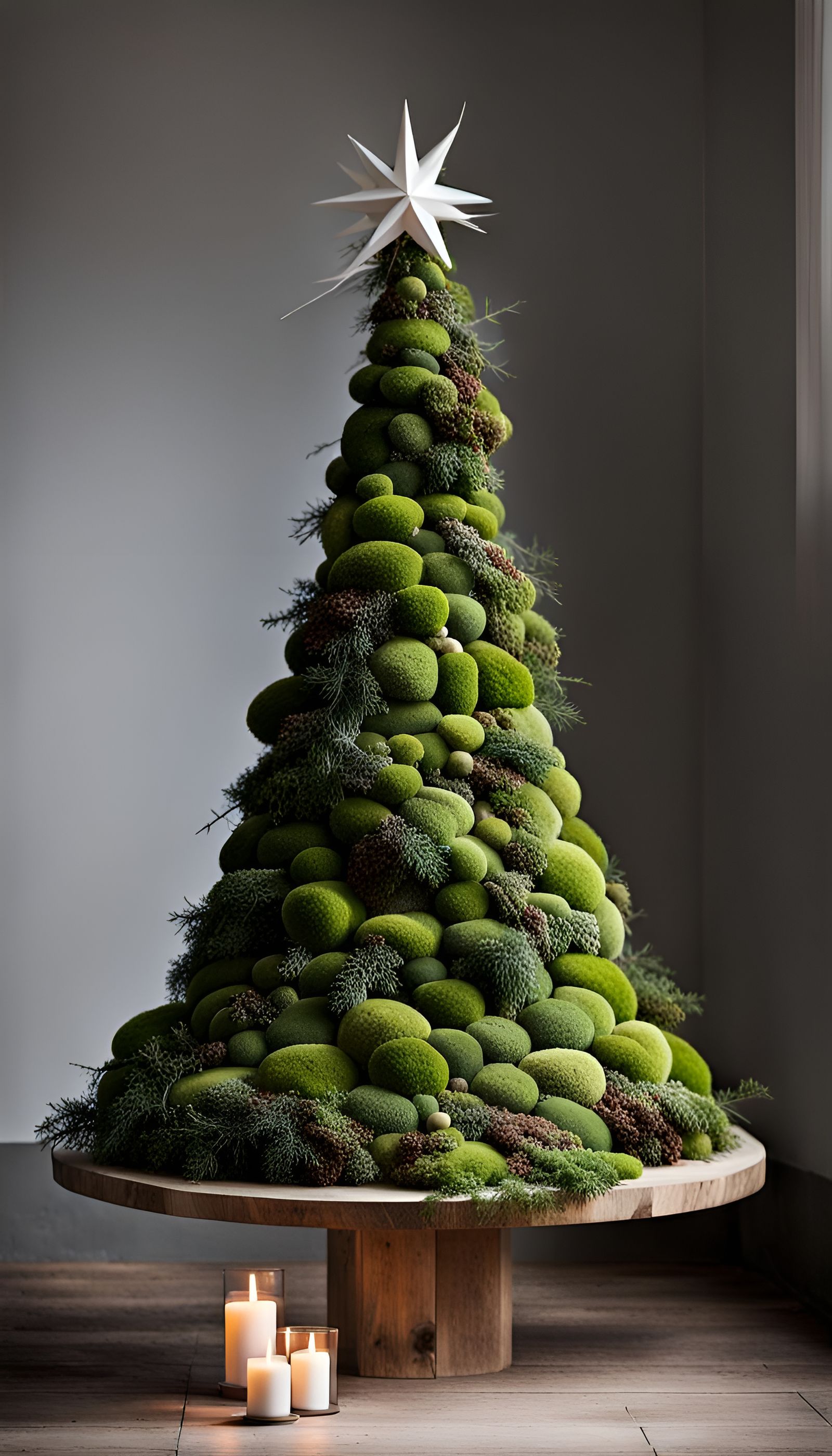 Unique Moss Christmas Tree with Ornaments