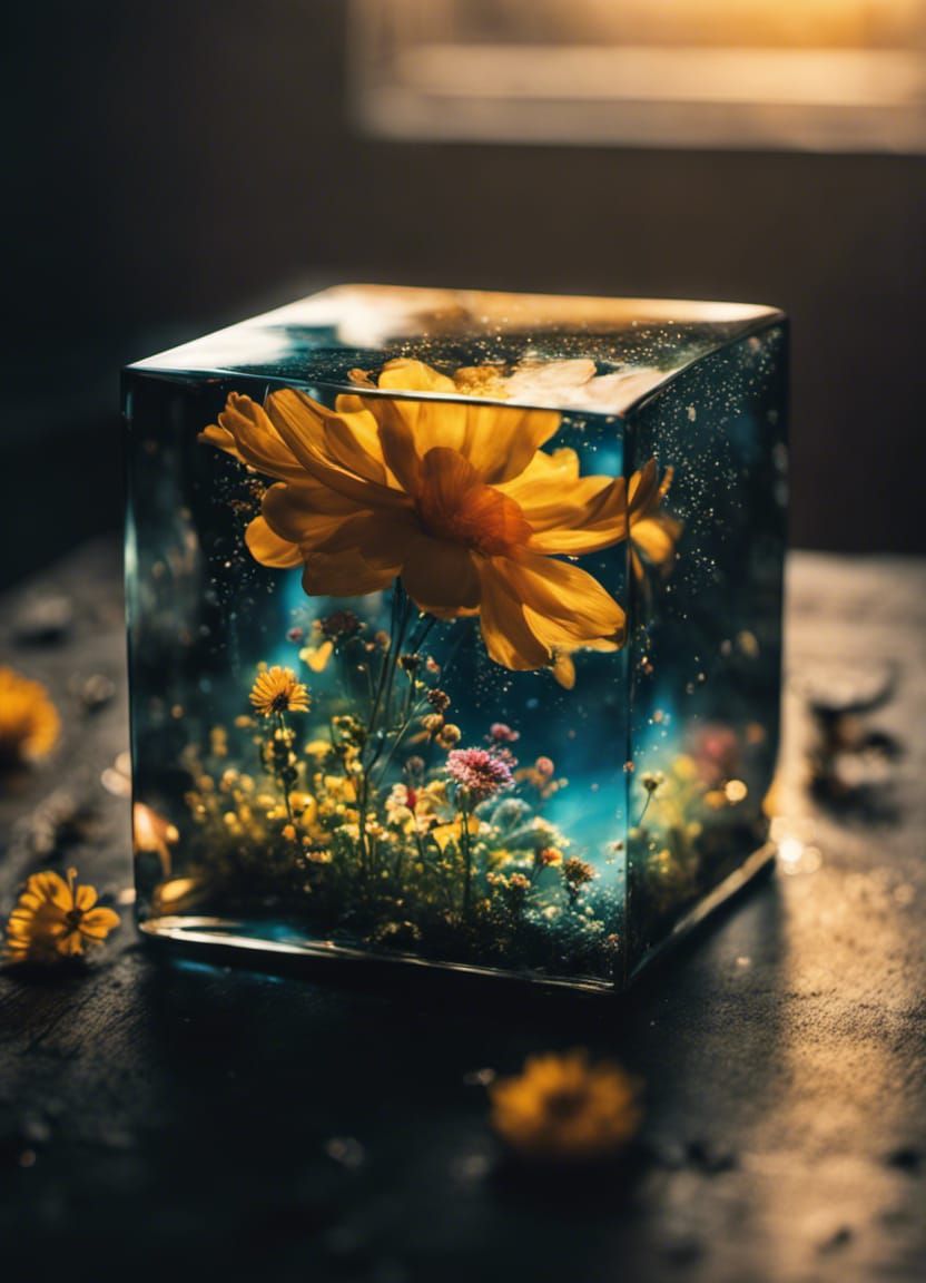 Glass Cube with Swirling Bioluminescent Flowers