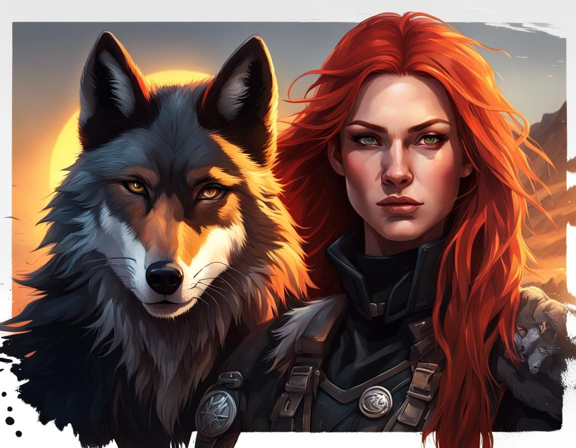Female Ranger with Wolf at Sunrise: Hyperrealistic Art