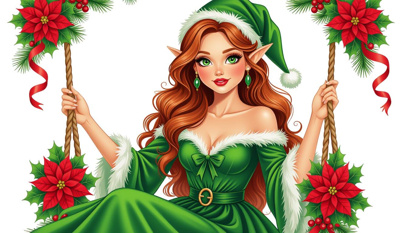Elegant Christmas Elf Fairy in Flowy Green Dress