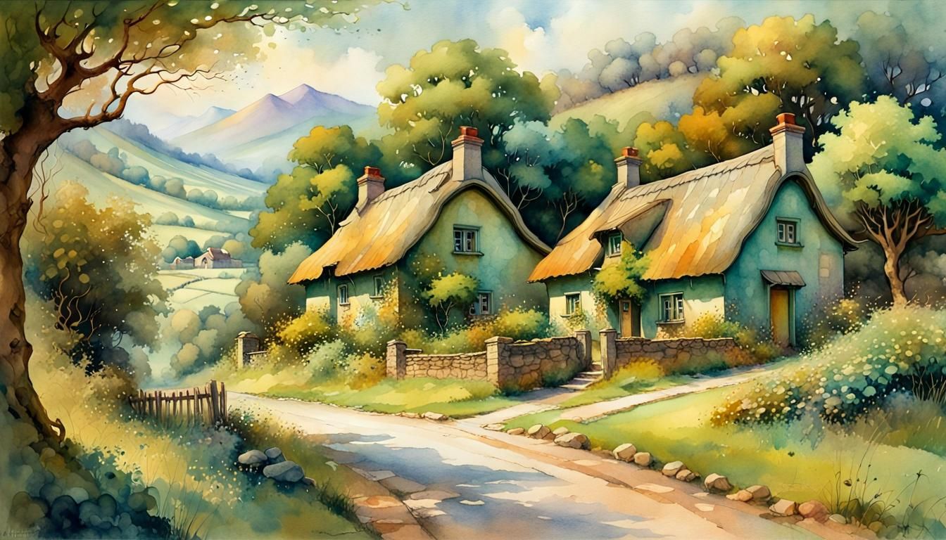Rural Irish Cottages Lining a Road
