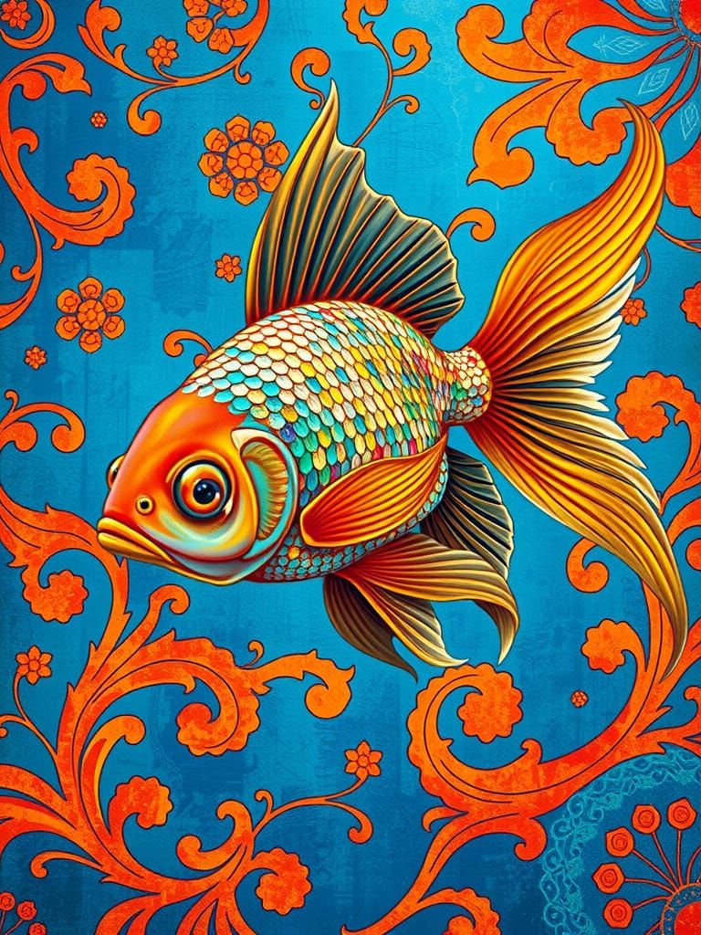 Sequin Goldfish in Vibrant, Kaleidoscopic Background