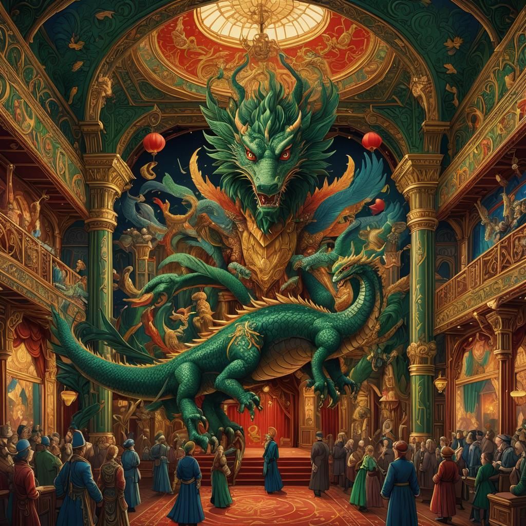 Ornate Theater Scene with Mythical Creatures